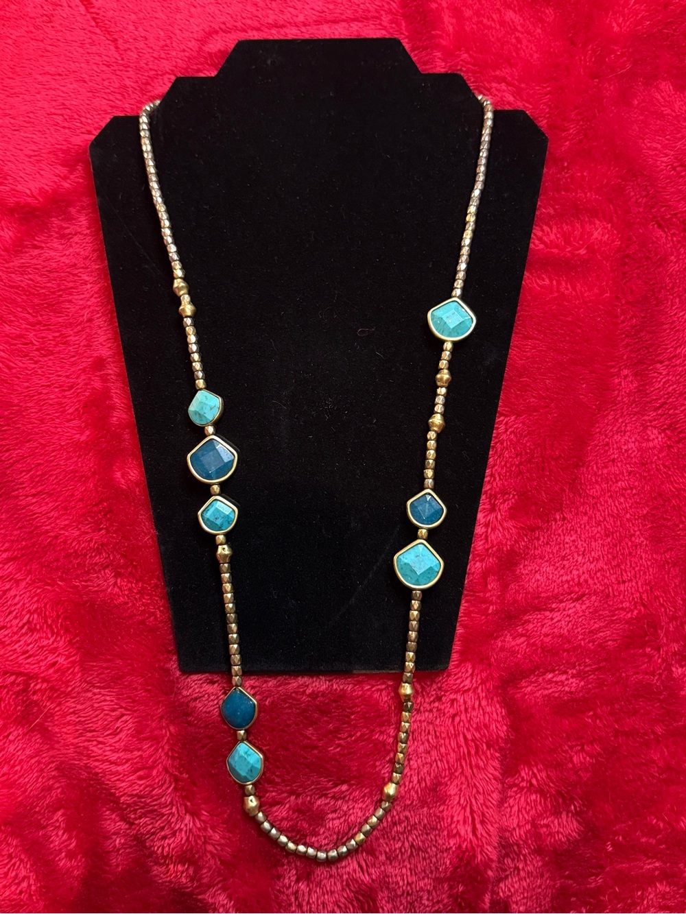 Vintage Boho Turquoise & Gold Bead Long Station Necklace Whimsigoth Clover Charm